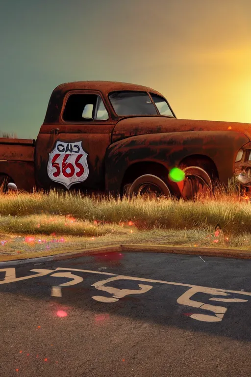 Image similar to a sunset light landscape with historical route 6 6, lots of sparkling details and sun ray ’ s, blinding backlight, smoke, volumetric lighting, colorful, octane, 3 5 mm, abandoned gas station, old rusty pickup - truck, beautiful epic colored reflections, very colorful heavenly, softlight