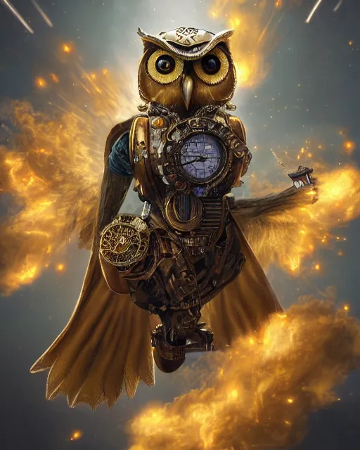 Prompt: oil painting of Anthropomorphized Steampunk Owl shooting steampunk gun, sharp focus, exploding golden steampunk city background, heroic pose, fantasy style, octane render, volumetric lighting, 8k high definition, by greg rutkowski, highly detailed, trending on art Station, magic the gathering artwork, centered, dramatic artwork