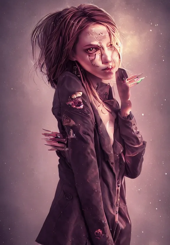 Image similar to full body photography digital illustration of a girl with eyes that burn like cigarettes wearing a short skirt and a long jacket with fingernails that shine like justice, dramatic lighting, photorealistic, full body portrait, detailed anatomy, extreme detail, 4 k, colorful, artgerm and ben lo, detailed face, f / 2. 8