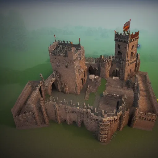 Prompt: a computer generated image of a medieval castle, an ambient occlusion render by Nicomachus of Thebes, polycount, mingei, prerendered graphics, voxel art, ambient occlusion