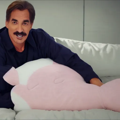 Prompt: mike lindell holding an anime body pillow. still from tv commercial white background
