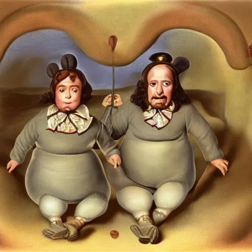 Prompt: portrait of the twins tweedledee and tweedledum in wonderland by salvador dali, detailed matte painting, digital art, 8 k