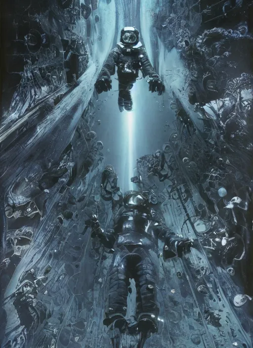 Image similar to astronauts in dark void underwater - complex and hyperdetailed technical suit. reflection and dispersion materials. rays and dispersion of light. volumetric light. f / 3 2. noise film photo. flash photography. ultra realistic, wide angle. poster by wayne barlowe, hajime sorayama aaron horkey, craig mullins