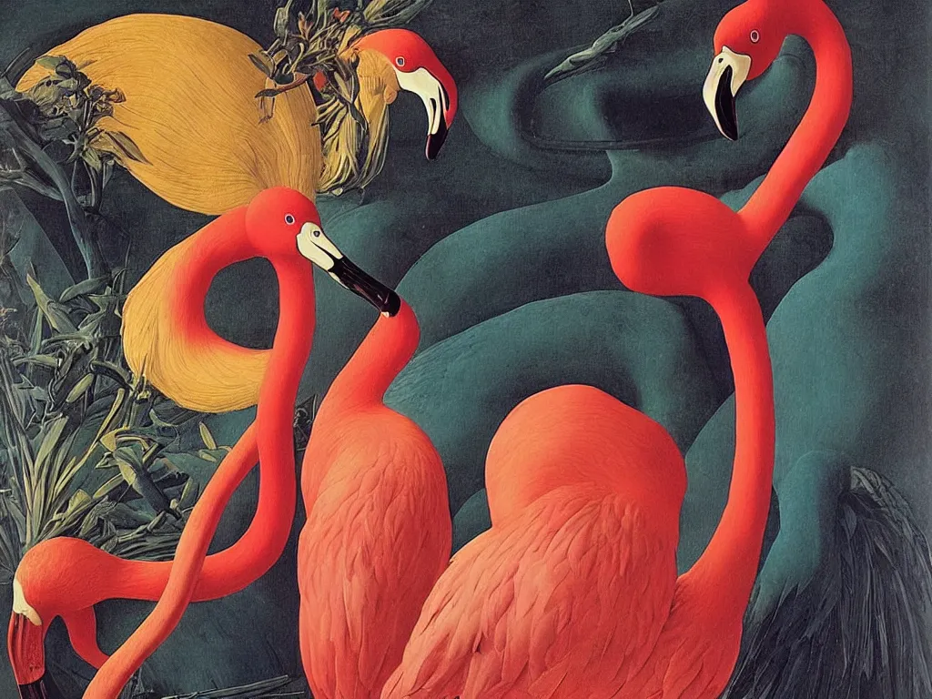 Image similar to Portrait of albino mystic with blue eyes, with exotic beautiful flamingo. Painting by Jan van Eyck, Audubon, Rene Magritte, Agnes Pelton, Max Ernst, Walton Ford