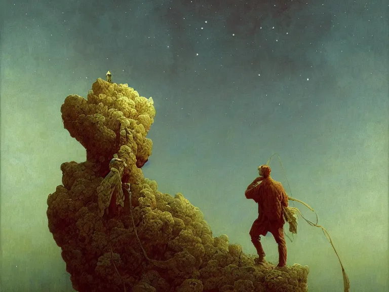 Image similar to a detailed profile oil painting of a men floating over a toiled, aurora lighting clouds and stars by beksinski carl spitzweg and tuomas korpi. baroque elements. baroque element. intricate artwork by moebius. Trending on artstation. 8k