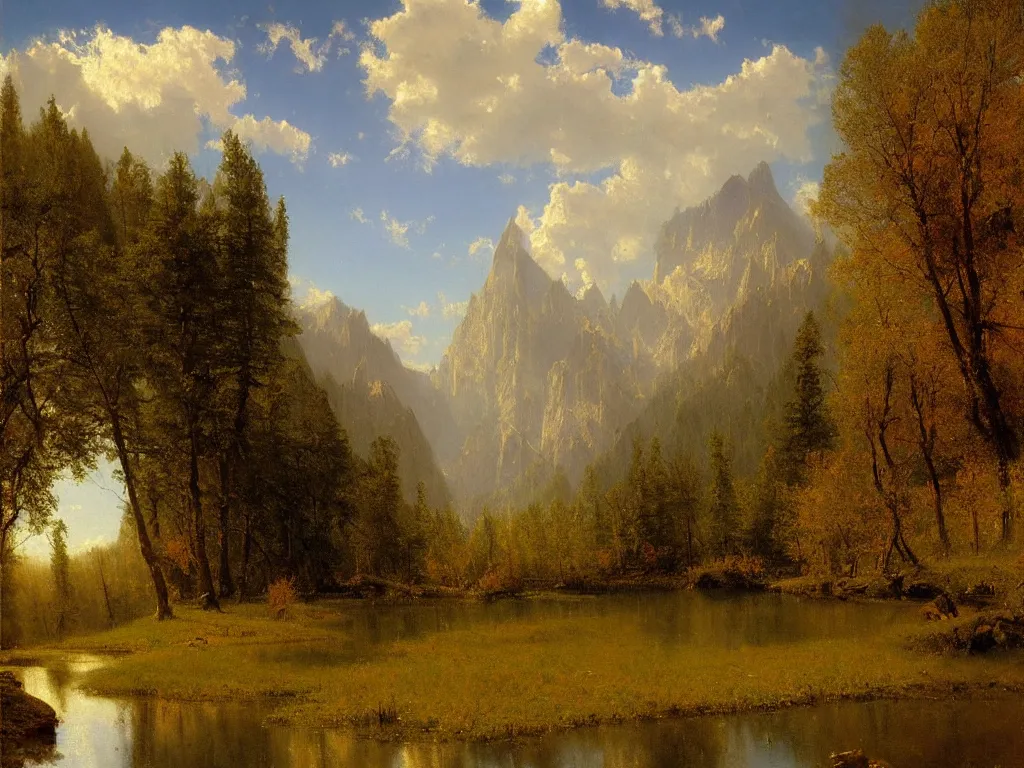 Prompt: a beautiful landscape painting by alfred bierstadt, trending on arstation