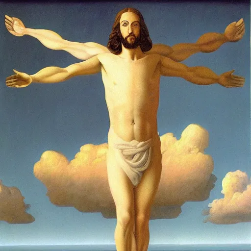 Image similar to very very detailed painting of jesus christ flying through space and time, radiating pure light, painted by rene magritte