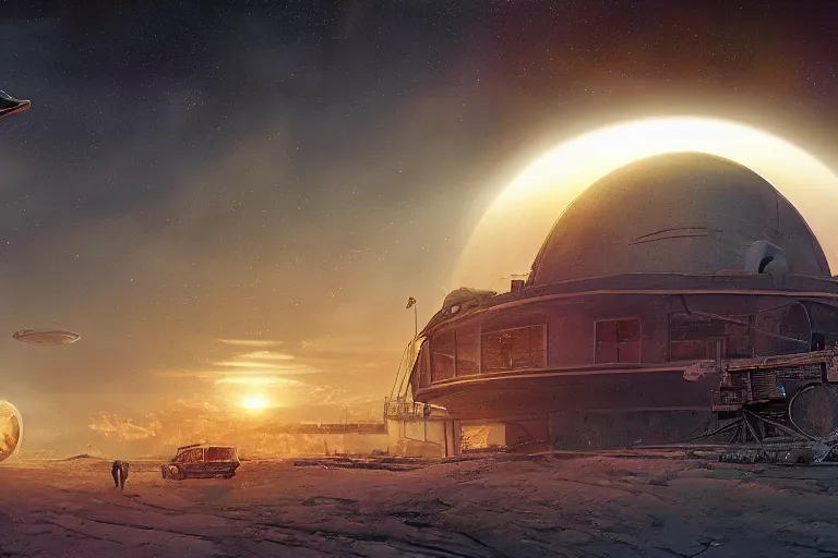 Prompt: a beautiful matte painting of a alien spaceship over the soviet, russian village simon, communist, stalenhag and alan bean, trending on artstation, realistic rendering