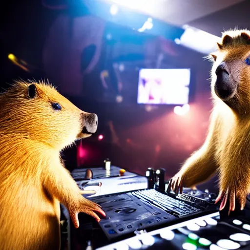 Prompt: Capybara DJing at a club, HD photograph, award-winning