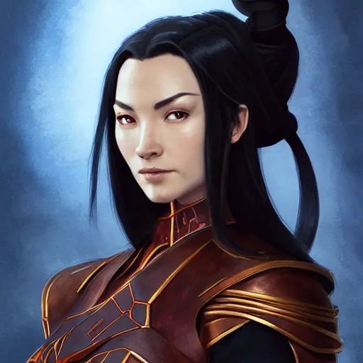 Image similar to Portrait of Azula wearing skintight black leather armor, Avatar the Last Airbender, Dungeons and Dragons, Lord of the Rings, intricate, elegant, highly detailed, digital painting, artstation, concept art, smooth, sharp focus, illustration, art by artgerm and greg rutkowski and alphonse mucha and andrei riabovitchev