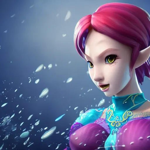 Prompt: high quality portrait of princess ruto from zelda hyrule warriors, detailed, octane render, dynamic lighting, pretty, elegant, artsy, water, hd, sharp, zora, painting, vibrant, cinematic, aquatic vibrancy, fan art, bust, larger head feature
