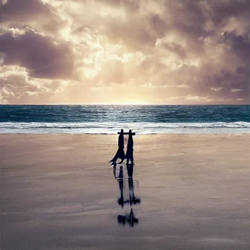 Image similar to a highly detailed vector render of a large cross standing on the beach as a storm comes in with the tide, woman sitting in the sand watching the ocean, epic fantasy, god rays, rocky beach, aerial photography, volumetric lighting, octane render, exquisite detail, 8 k, art by hayao miyazaki and albert bierstadt and alphonse mucha