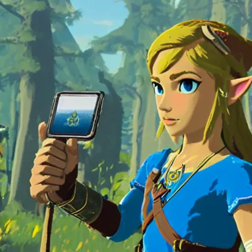 Prompt: breath of the wild Princess Zelda looking at her iphone in confusion