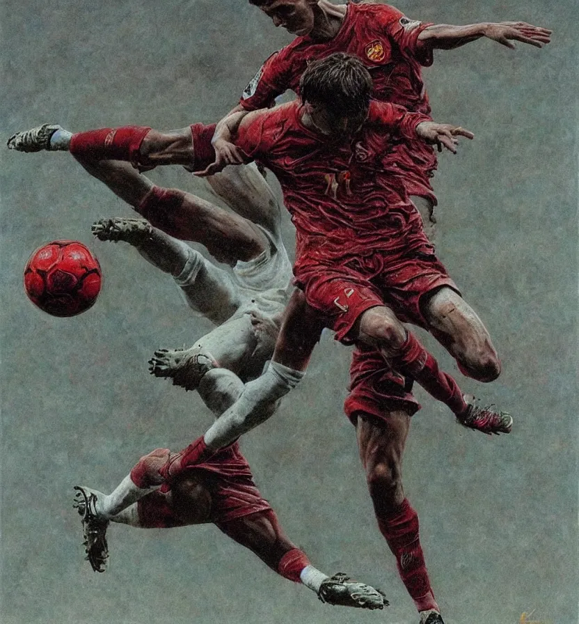 Image similar to cristiano Ronaldo meat limbs tackling an angel with a Nike ball, football beksinski siudmak