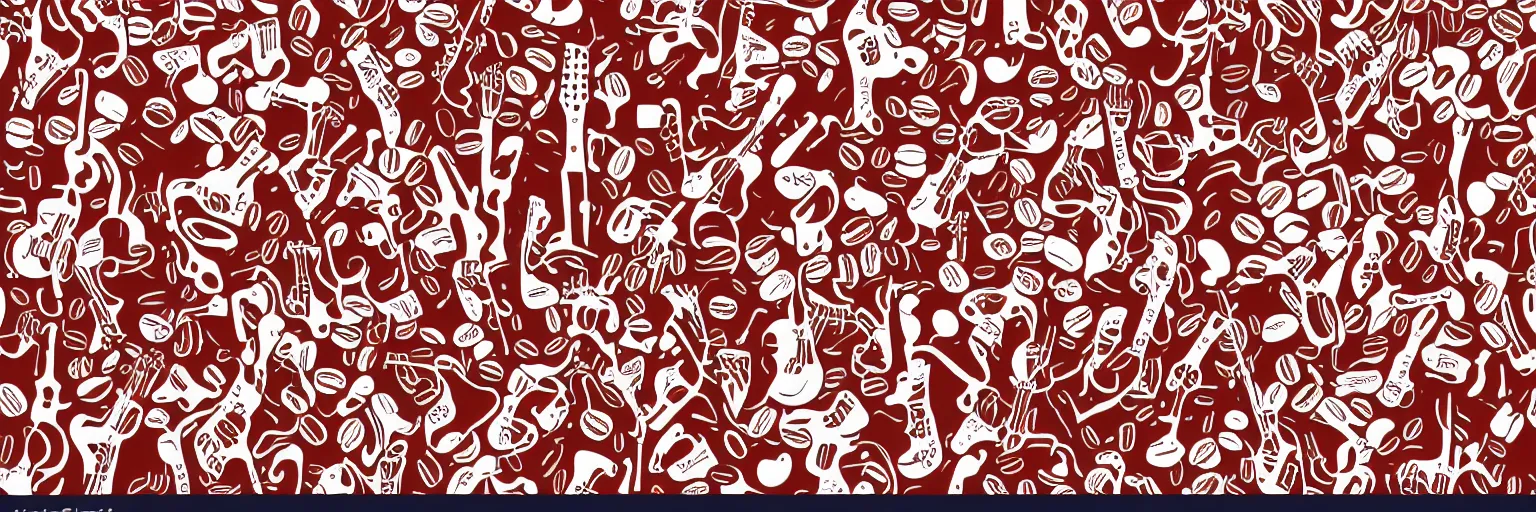 Prompt: seamless pattern design, coffee and guitar, vector, simple, red and white,