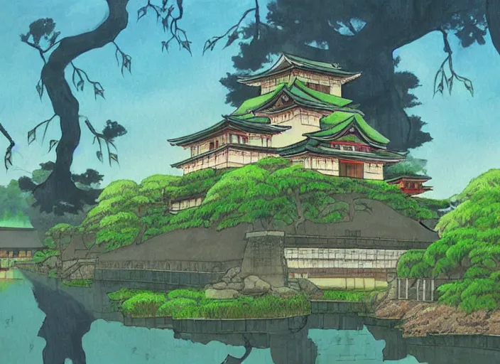 Image similar to japanese fortress in a city inside the forest by studio ghibli painting