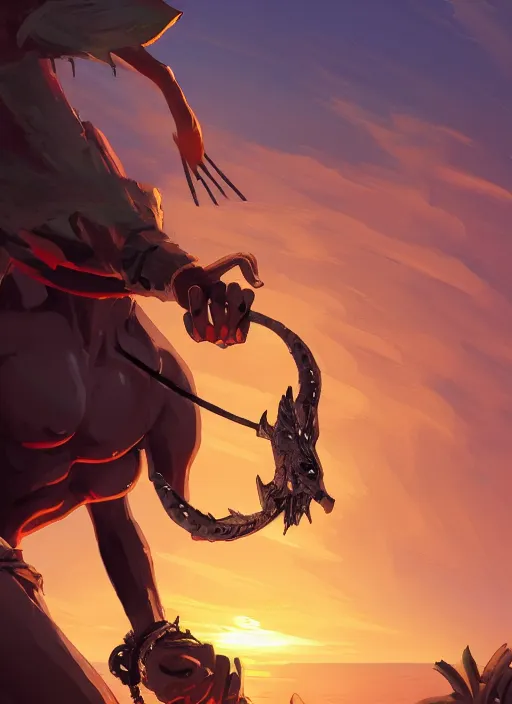 Prompt: masculine black warrior tribal afrikan voodoo armor, primitive weapons and kemetic imagery, 2 d game fanart behance hd by jesper ejsing, by rhads, makoto shinkai and lois van baarle, ilya kuvshinov, rossdraws, dramatic sunset, global illumination, radiant light, detailed and intricate environment