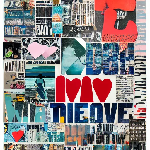 Prompt: collage made of magazine cutouts, large silhouettes, ocean theme, love theme, dramatic typography, museum of modern art, museum of contemporary art, auction, record - setting, detailed, photorealistic