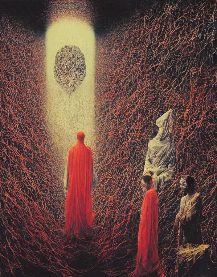 Image similar to worshippers in robes gather around the big glowing crystal, big glowing crystal radiating white light, interior, high detailed beksinski painting, part by adrian ghenie and gerhard richter. art by takato yamamoto. masterpiece, deep colours