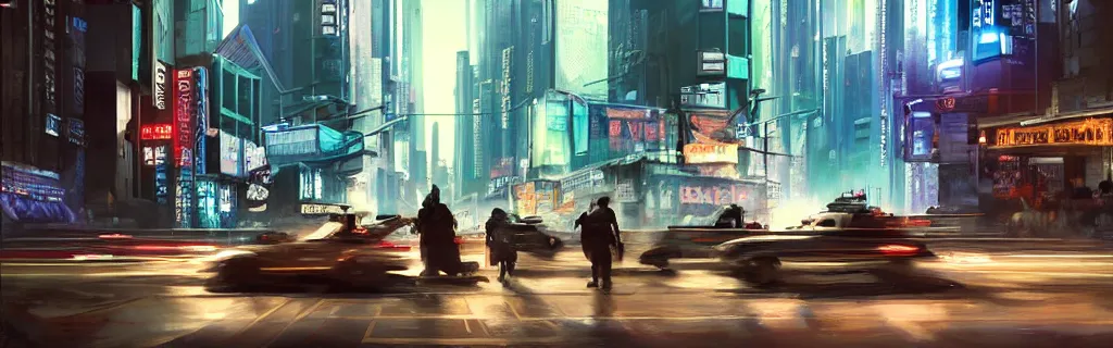 Prompt: a busy cyberpunk street with a heavy police presence. 8 k, epic cinematic hyperrealism masterpiece. realistic poster with shaded lighting by craig mallismo, artgerm, jeremy lipkin and michael garmash, unreal engine, radiant light, detailed and complex environment, digital art, art station trends, detailed, lens flare, motion blur