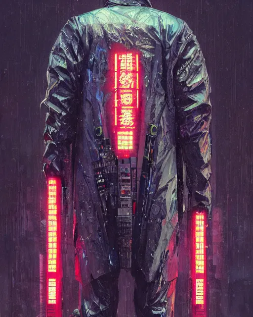 Image similar to detailed full body Blade Runner, cyberpunk futuristic neon, reflective coat, decorated with traditional Japanese ornaments by Ismail inceoglu dragan bibin hans thoma greg rutkowski Alexandros Pyromallis Nekro Rene Maritte Illustrated, fine details, realistic shaded, fine-face, pretty face