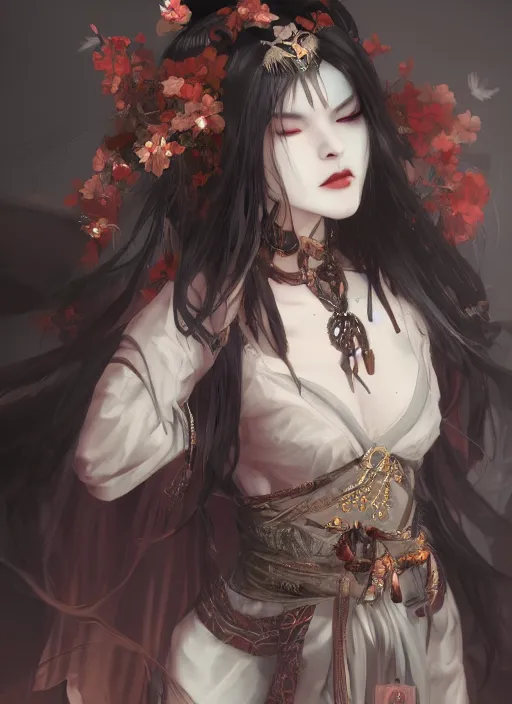 Image similar to etheral beautifull maiko vampire, fluent composition, concept art, ambient light, 4 k, intricate details, highly professionally detailed, cgsociety, highly detailed -