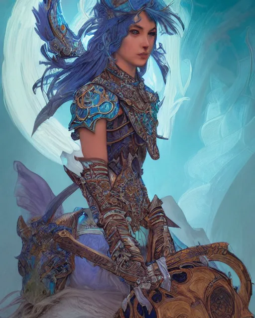 Image similar to Portrait of a Fantasy turquoise knight, moonlit, HD, illustration, epic, D&D, fantasy, intricate, elegant, highly detailed, digital painting, artstation, concept art, smooth, sharp focus, illustration, art by artgerm and greg rutkowski and alphonse mucha, monster hunter illustrations art book