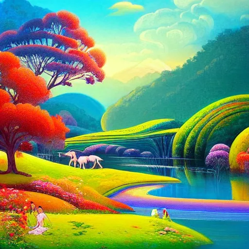 Prompt: A beautiful painting of of a Vibrant landscape. It is a stylized and colorful view of an idyllic, dreamlike world with rolling hills, peaceful looking animals, and a flowing river. The scene looks like it could be from another dimension, or perhaps a fairy tale. by Hsiao-Ron Cheng, by Paul Gustav Fischer improvisational