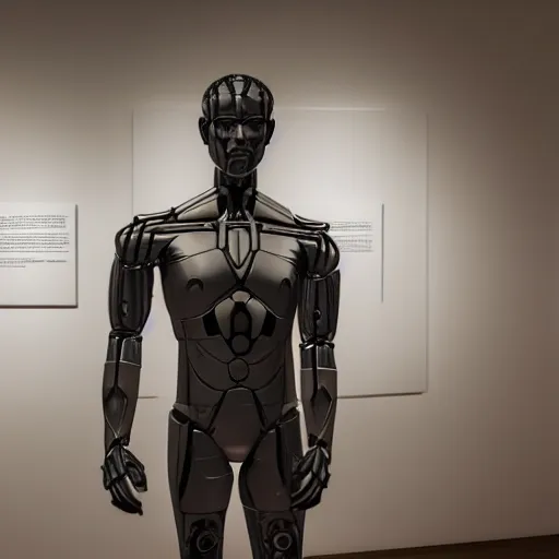 Image similar to a realistic detailed photo of a guy who is an attractive humanoid who is half robot and half humanoid, who is a male android, twitch streamer g, shiny skin, posing like a statue, blank stare, at the museum, on display