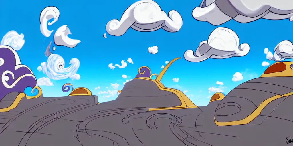 Image similar to cartoon concept art, clean blue sky spiral clouds, from sam and max