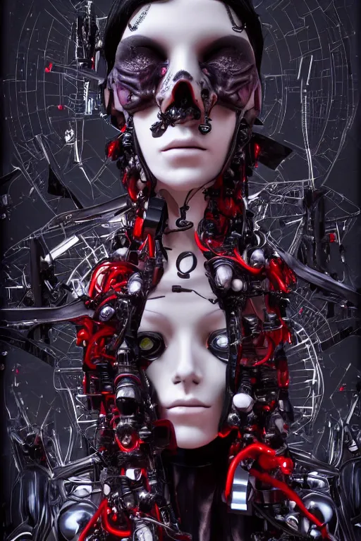 Prompt: full-body cyberpunk style sculpture of a young beautiful dark priestess, half android with a head opening exposing circuitry, glowing red eyes, black roses, flowing blood red colored silk, fabric, candles, baroque elements, human skull, full-length view, baroque element. intricate artwork by Caravaggio. crows flying in background. Trending on artstation, octane render, cinematic lighting from the right, hyper realism, octane render, 8k, depth of field, 3D