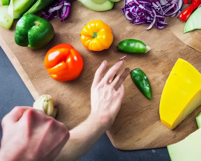 Prompt: 9 0 degrees fov, first person point of view of me chopping vegetables on a chopping board