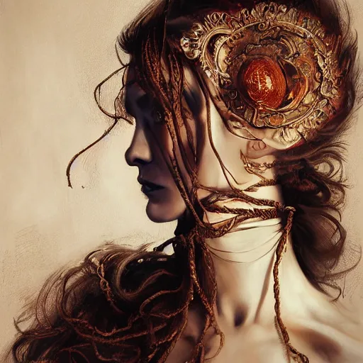 Image similar to portrait of a Shibari rope wrapped face and neck, headshot, insanely nice professional hair style, dramatic hair color, digital painting, of a old 13th century, traveler, amber jewels, baroque, ornate clothing, scifi, realistic, hyperdetailed, chiaroscuro, concept art, art by Franz Hals and Jon Foster and Ayami Kojima and Amano and Karol Bak,