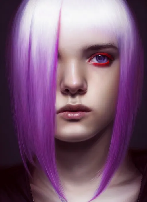 Image similar to hair whitebangs hair, black hair, whitebangs, portrait of teenage girl with white bangs, red irises, purple clothes, white bangs, bangs are different color from hair, intricate, elegant, glowing lights, highly detailed, digital painting, artstation, concept art, smooth, sharp focus, illustration, art by wlop, mars ravelo and greg rutkowski