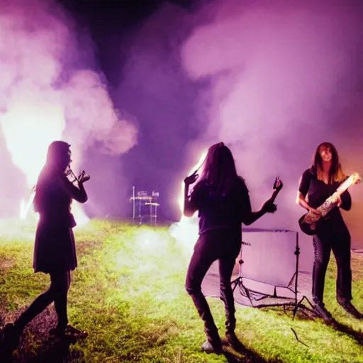 Prompt: female Sasquatch rock band spotlights backlit smoke concert