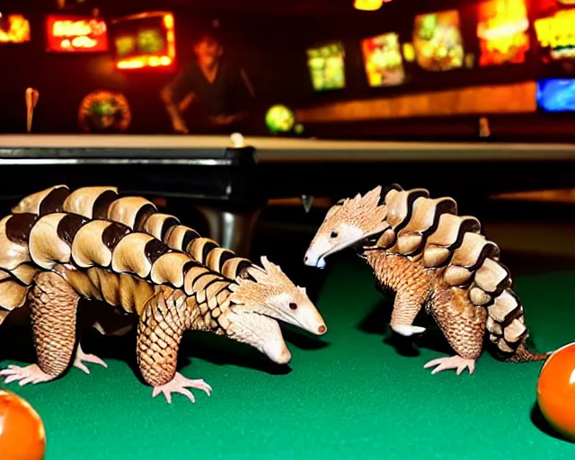 Prompt: a group of pangolins playing billiards in a dive bar