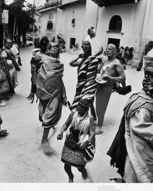 Prompt: Award winning reportage photo of Monegasque Natives with incredible hair wearing traditional garb by Garry Winogrand and Dian Arbus, 85mm ND 5, perfect lighting, gelatin silver process