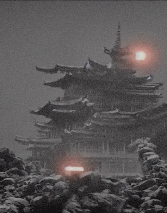 Image similar to a filmstill of a north korean monster movie, kaiju - eiga monster starfish - like trampling a traditional korean palace, foggy, film noir, video compression