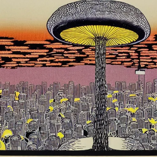 Prompt: nuclear mushroom in Tokyo by Toshio Saeki high detailed, bird's-eye view