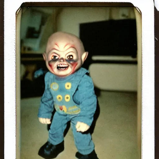 Image similar to screaming chucky doll at bottom of dark ocean expired film polaroid