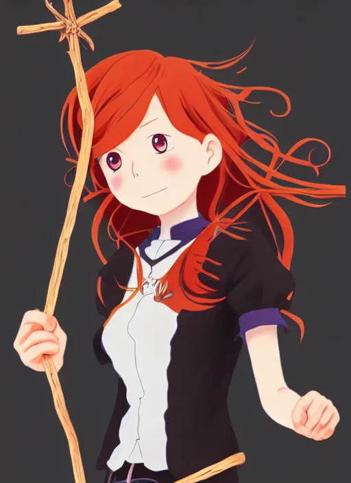 Prompt: redhead holding witch wand, advertising photoshoot, magic school academia, by studio ghibli, elegant, beautiful, digital art, trending on artstation, highly detailed, illustration, concept art, masterpiece