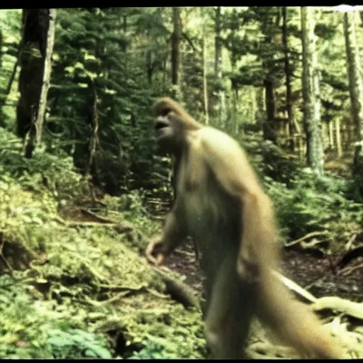 Image similar to a screen capture of found footage video of bigfoot, left behind by a missing hiker in 1 9 8 6