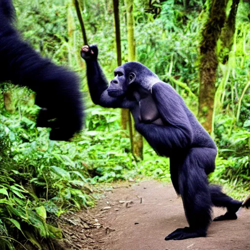 Prompt: high speed film picture of a mountain gorilla punching the photographer, light motion blur, jungle background, daytime, award winning photography