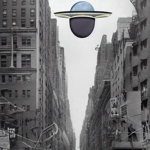 Image similar to photograph of a large flying saucer hovering over a new york city street in 1 9 3 2