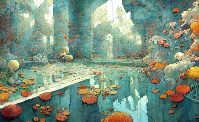 Image similar to tiled room squared waterway, fantasy. intricate, amazing composition, colorful watercolor, by ruan jia, by maxfield parrish, by marc simonetti, by hikari shimoda, by robert hubert, by zhang kechun, illustration, gloomy