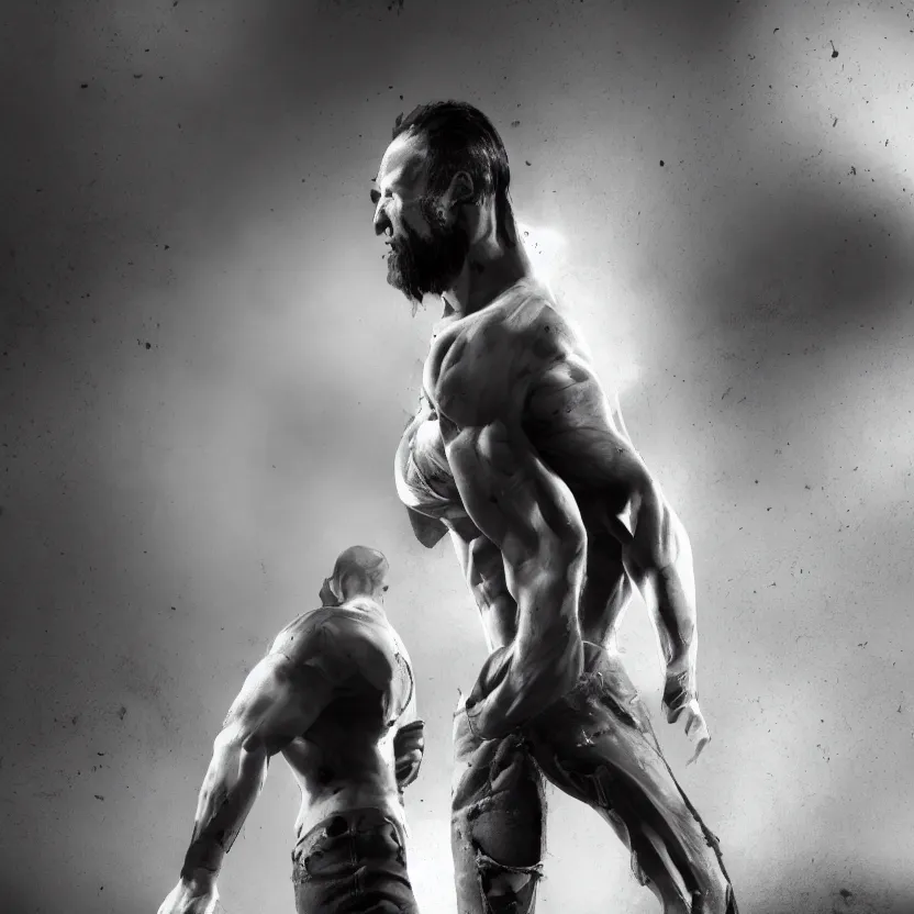 Prompt: a single muscular man wearing torn clothes, looking to the right, profile picture, hyperrealistic, concept art, octane render, unreal engine 5, trending on artstation, high quality, highly detailed, 8 k, dramatic lighting, cinematic, high coherence, anatomically correct, five fingers, digital art, seductive, black and white