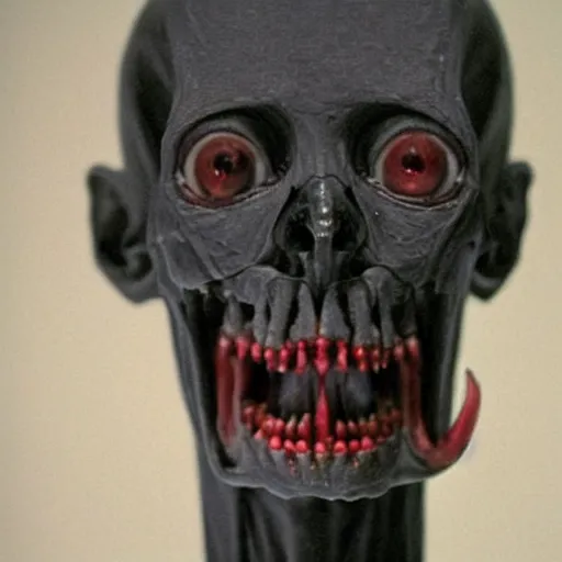 Image similar to humanoid with crooked teeth, two shallow black eyes, long open black mouth, alien looking, big forehead, horrifying, killer, creepy, photo turning slightly yellow, long open black mouth, dead, looking straight forward, realistic, slightly red, long neck, boney, monster, tall, skinny, skullish, deathly, in the style of alfred kubin