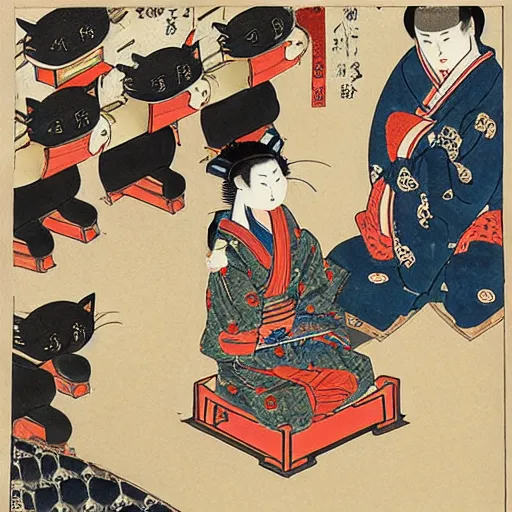 Prompt: A cat sitting on a throne in a samurai temple surrounded by his worshipers, Ukiyo-e