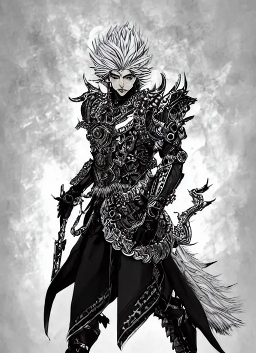 Image similar to Full body portrait of god with silver hair, half man half wolf, wearing ornate attire. In style of Yoji Shinkawa and Hyung-tae Kim, trending on ArtStation, dark fantasy, great composition, concept art, highly detailed, dynamic pose.