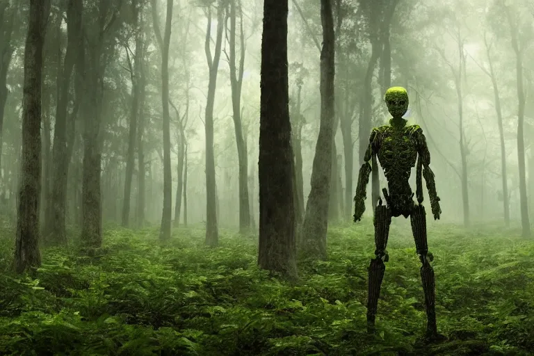 Prompt: a complex organic fractal 3 d ceramic humanoid floating in a lush forest, foggy, cinematic shot, photo still from movie by denis villeneuve